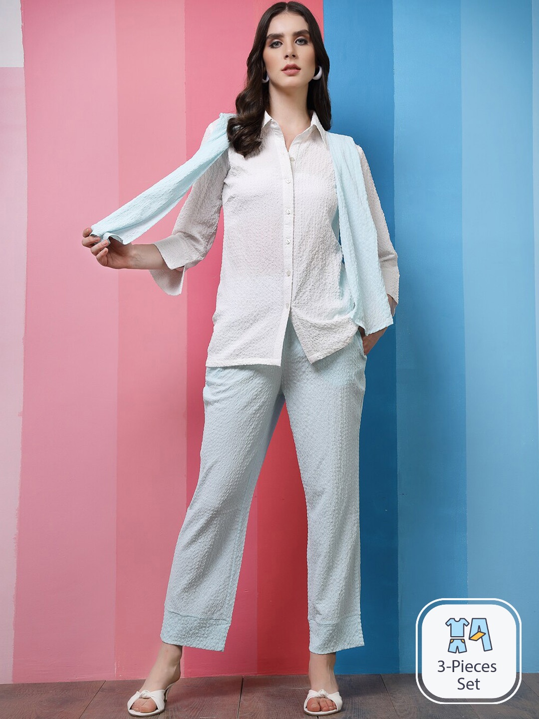 

Athena White Self-Design Shirt Collar Shirt With Trousers