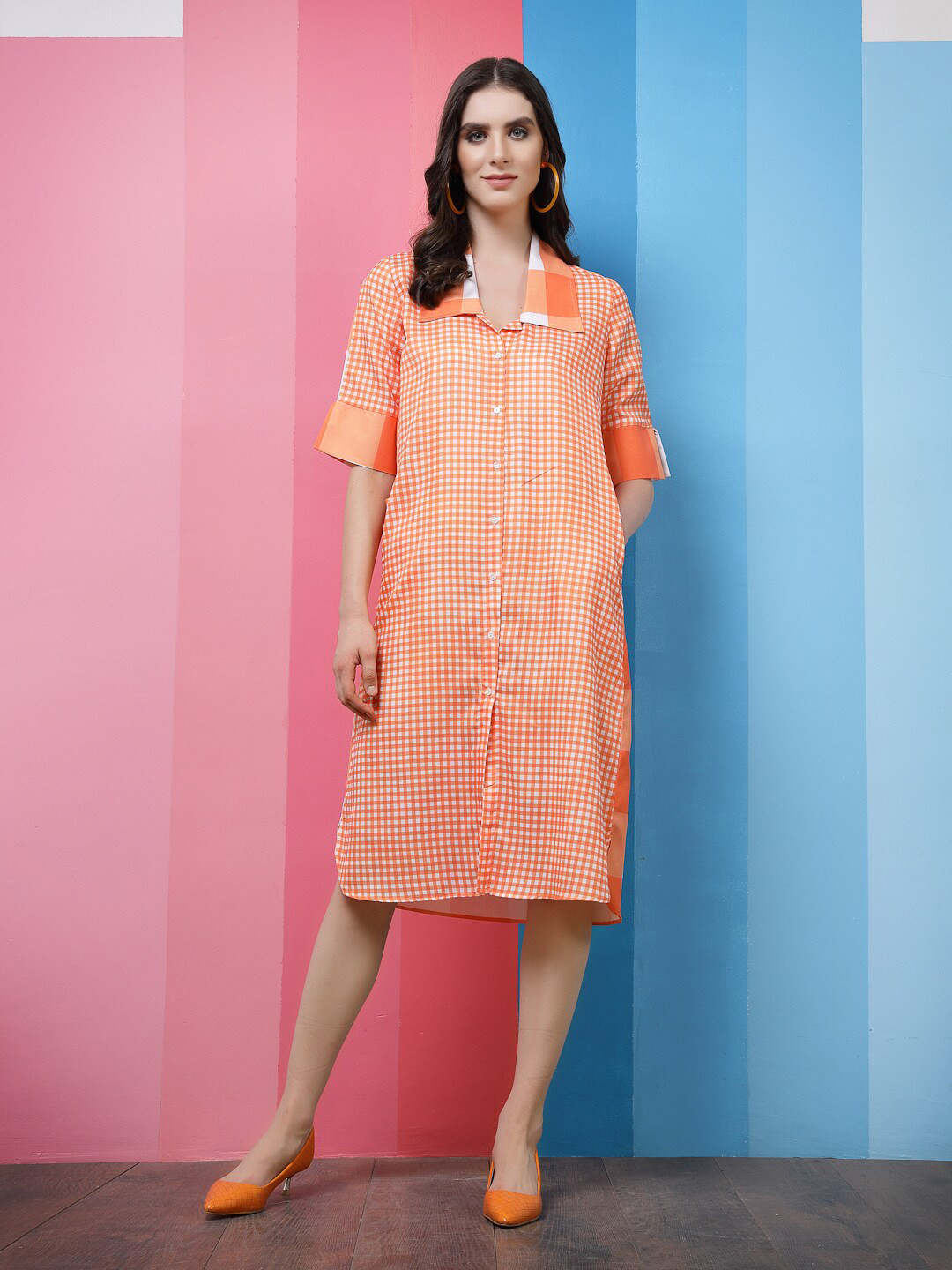 

Athena Orange Checked Linen Shirt Dress