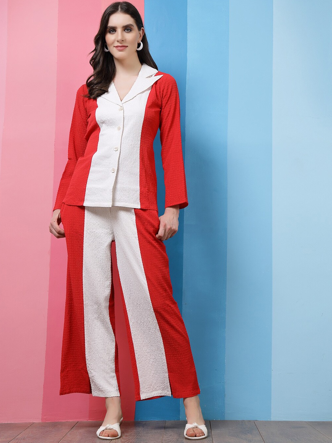 

Athena Red Colourblocked Notched Lapel Collar Shirt With Trousers