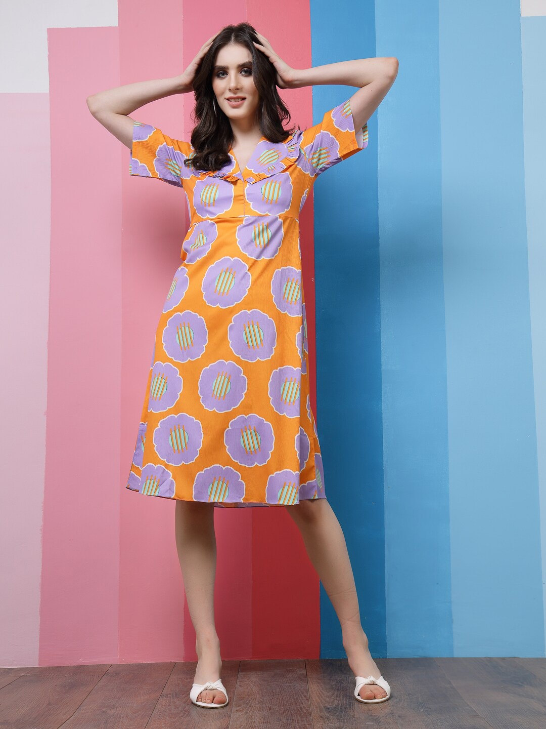

Athena Orange Floral Printed A-Line Dress