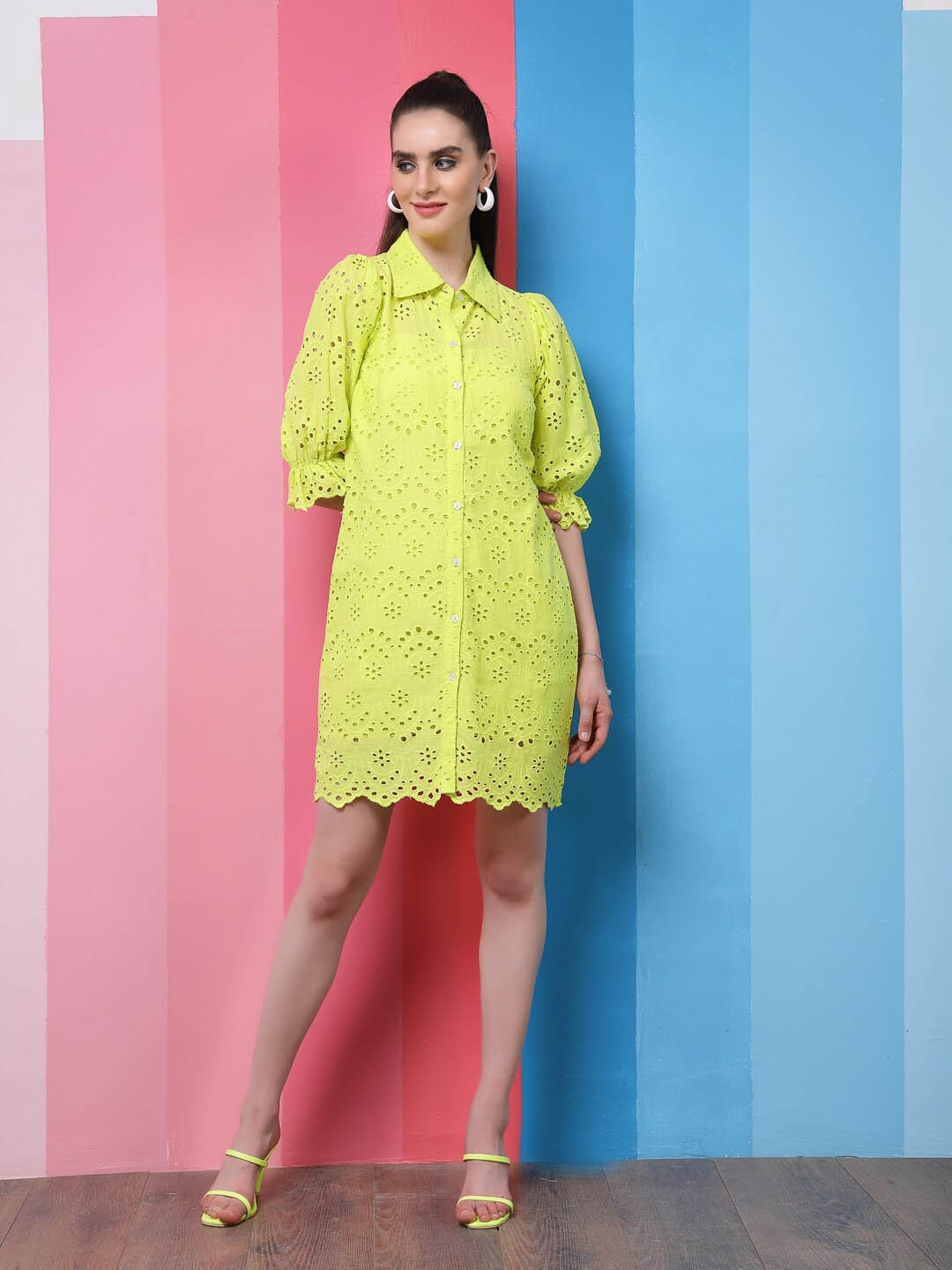 

Athena Green Self Design Shirt Collar Puff Sleeves Schiffli A-Line Dress