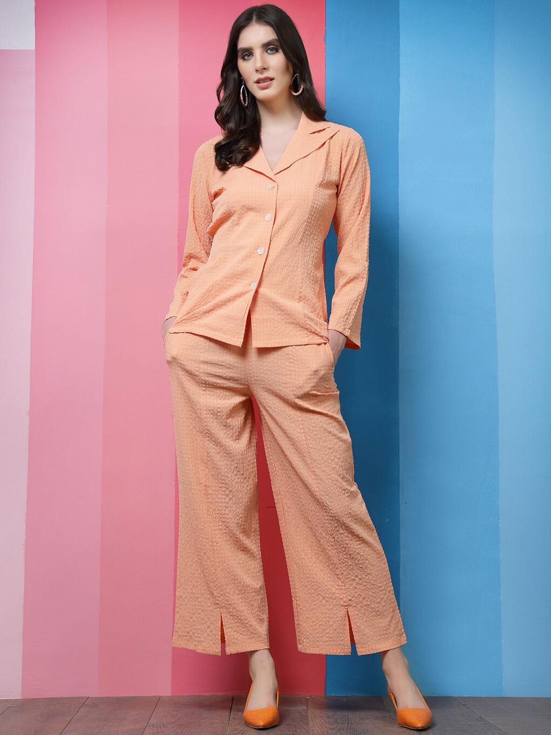 

Athena Peach Self-Design Lapel Collar Shirt With Trousers Co-Ords