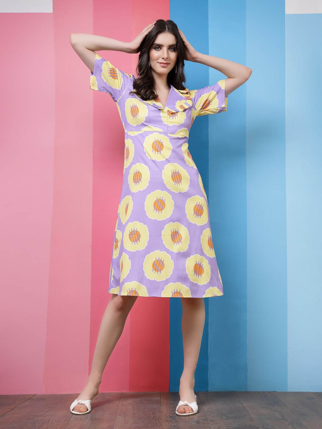 

Athena Lavender Floral Printed V-Neck Tie-Ups Detail A-Line Dress