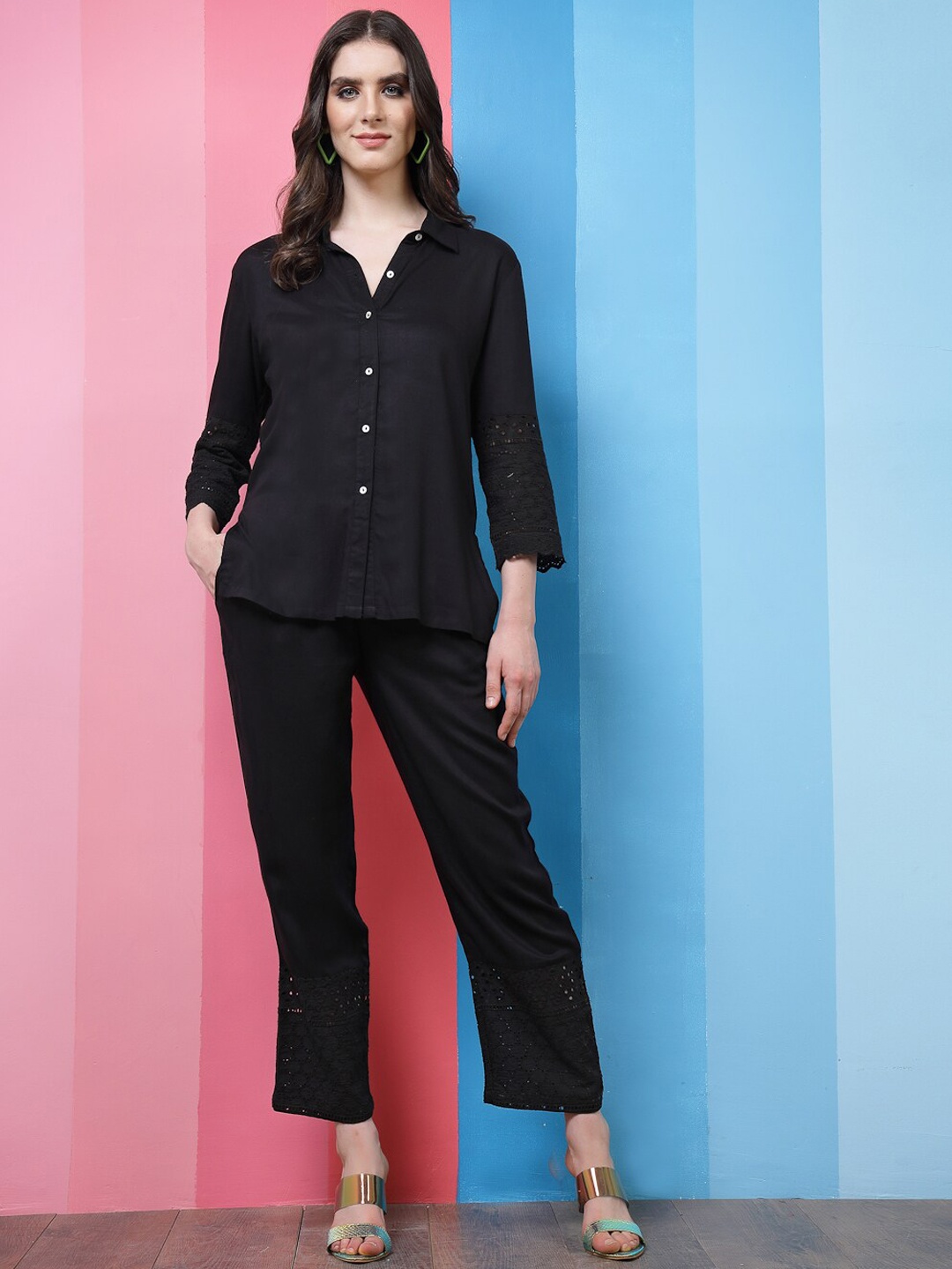 

Athena Black Schiffli Shirt With Trousers