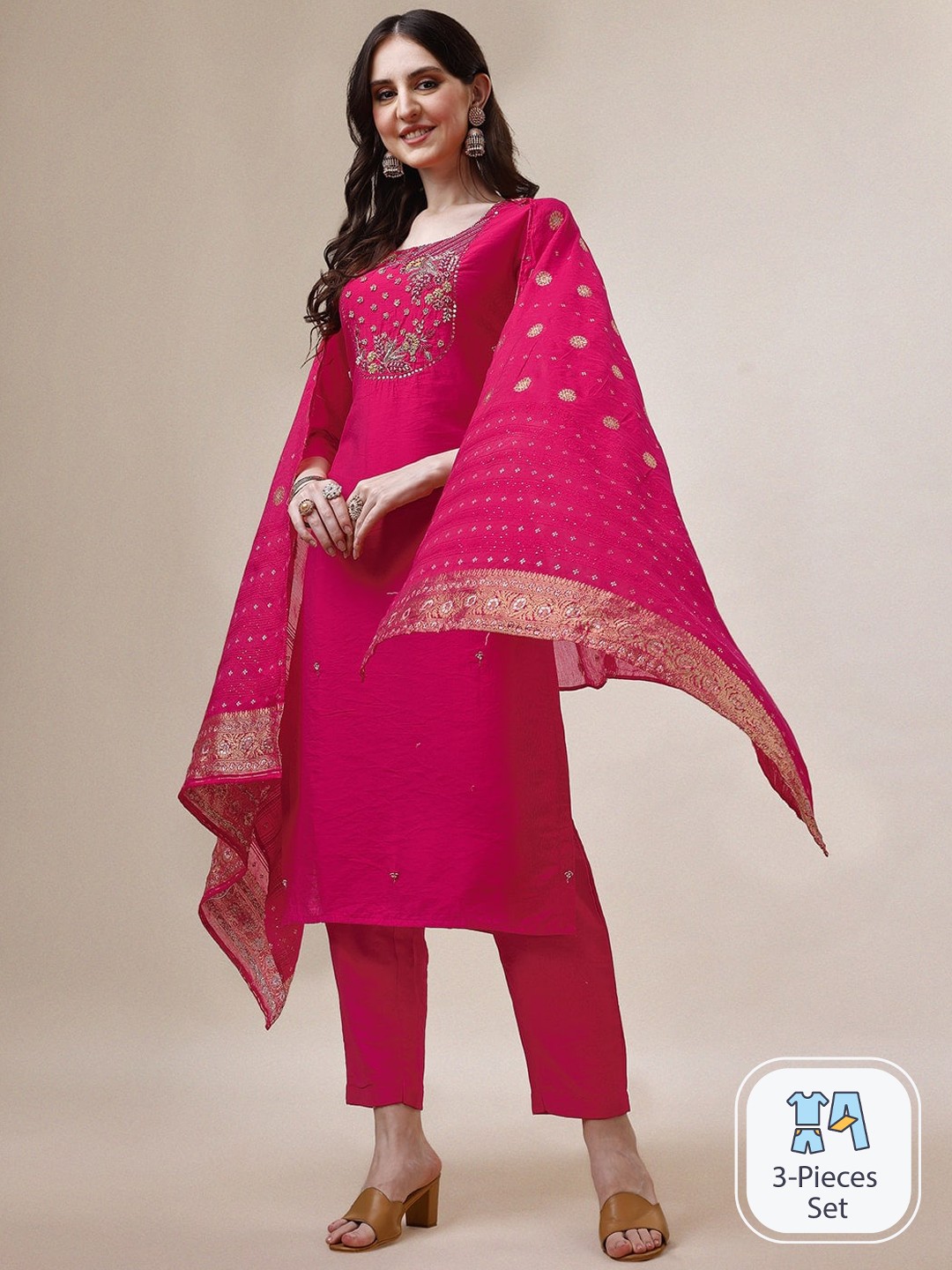 

Berrylicious Floral Yoke Design Beads Chanderi Cotton Kurta With Trousers & Dupatta, Pink