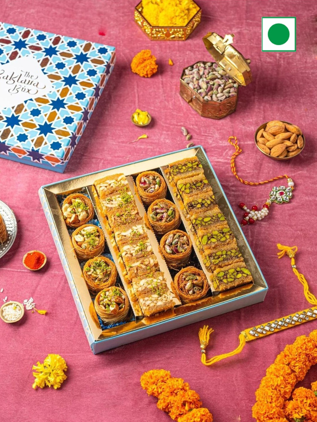 

The Baklava Box Assorted Kunafa Baklava With 2 Rakhi 750gm, Yellow