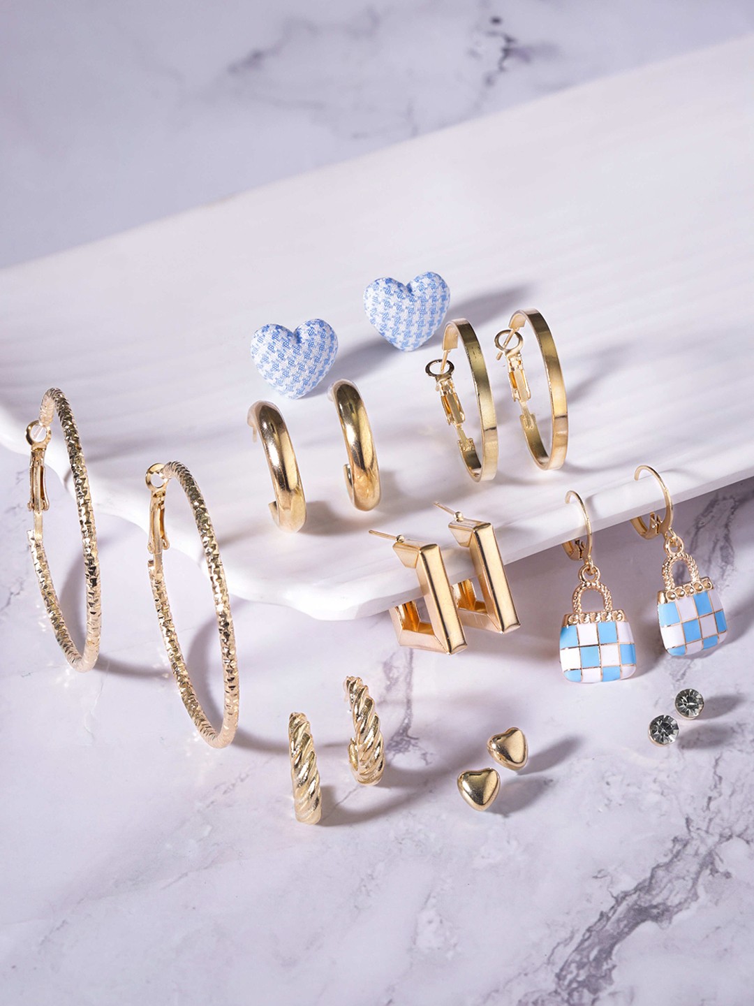 

TOKYO TALKIES X rubans FASHION ACCESSORIES Set Of 9 Hoop & Stud Earrings, Gold
