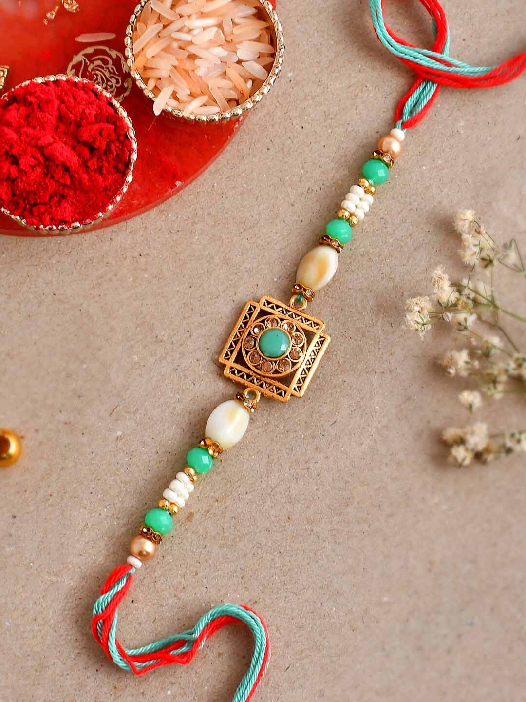 

Aapno Rajasthan Stone-Studded & Beaded Rakhi, Gold