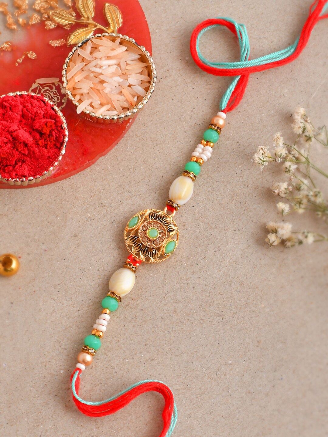

Aapno Rajasthan Stone-Studded & Beaded Rakhi, Gold