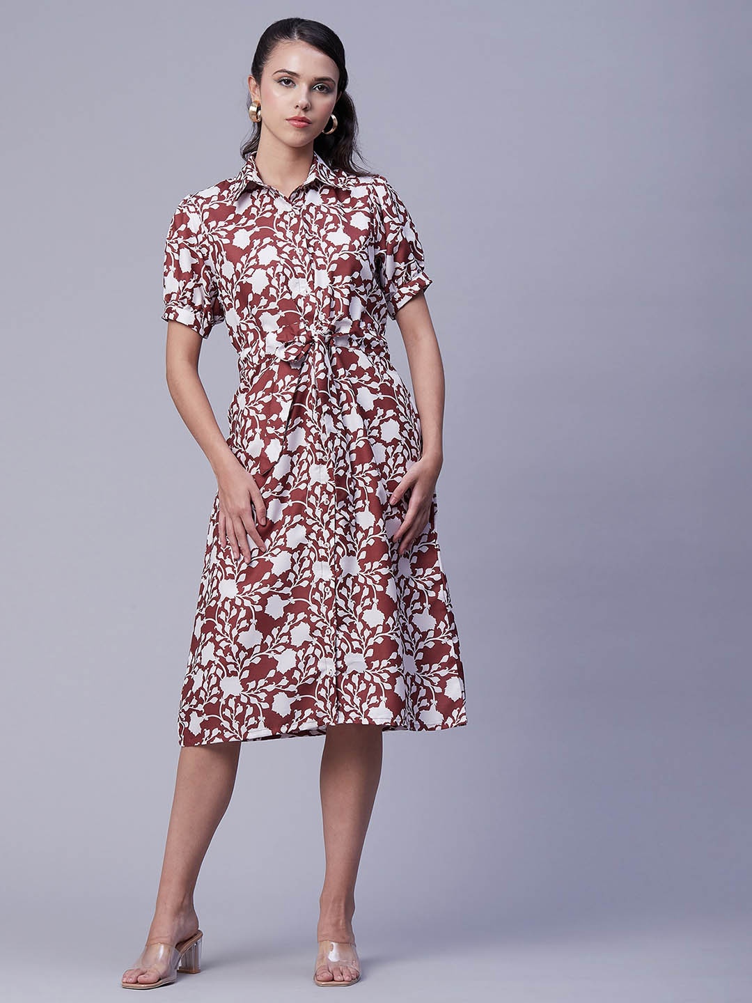 

Moomaya Floral Printed Waist Tie Ups Shirt Style Midi Dress, Brown