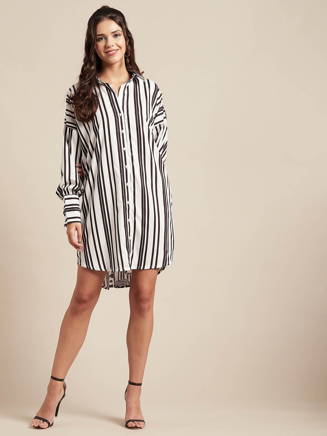 

Moomaya Striped Cuffed Sleeves Shirt Style Dress, Black