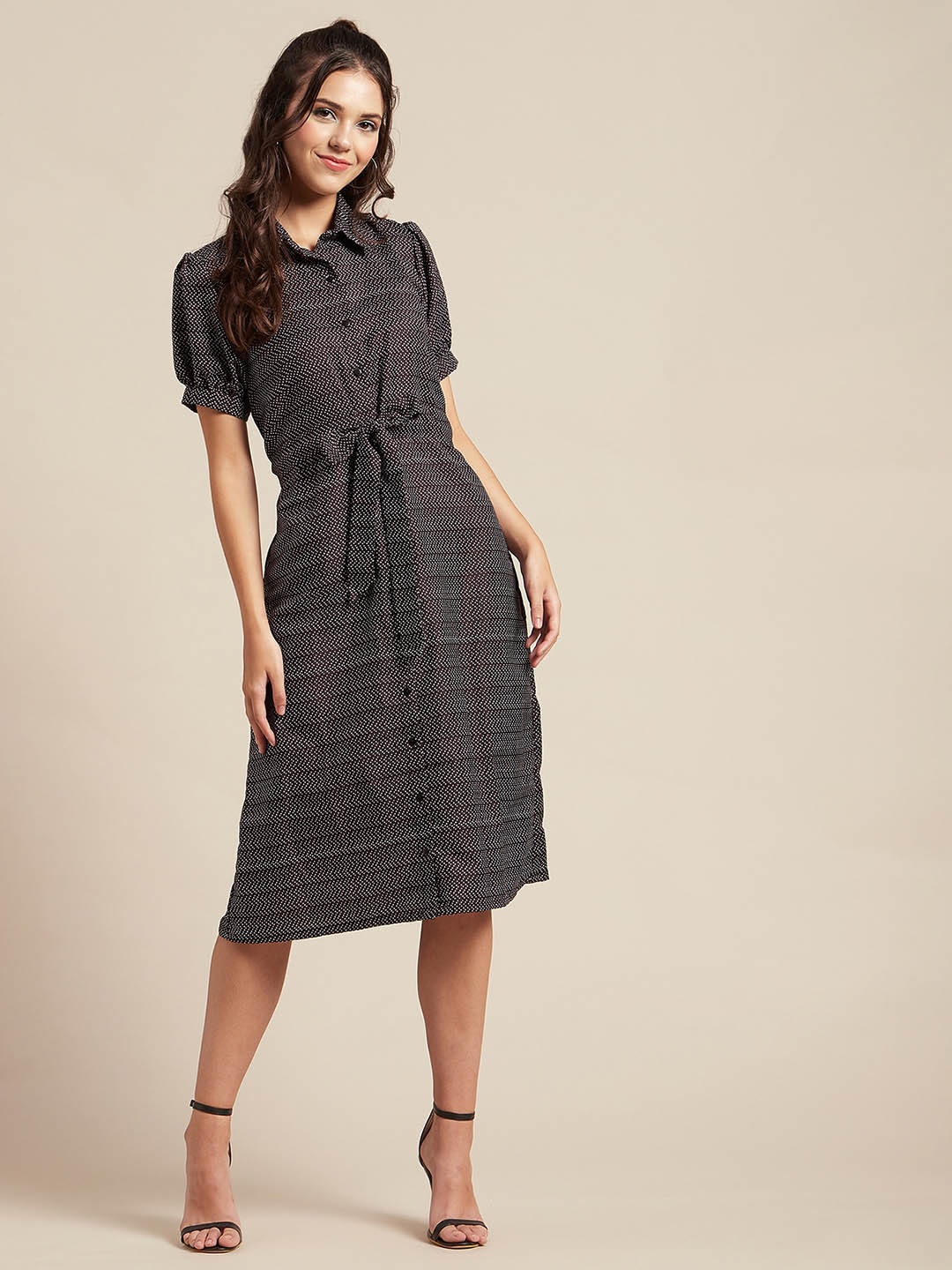 

Moomaya Geometric Printed Waist Tie Ups Detail Shirt Style Midi Dress, Black