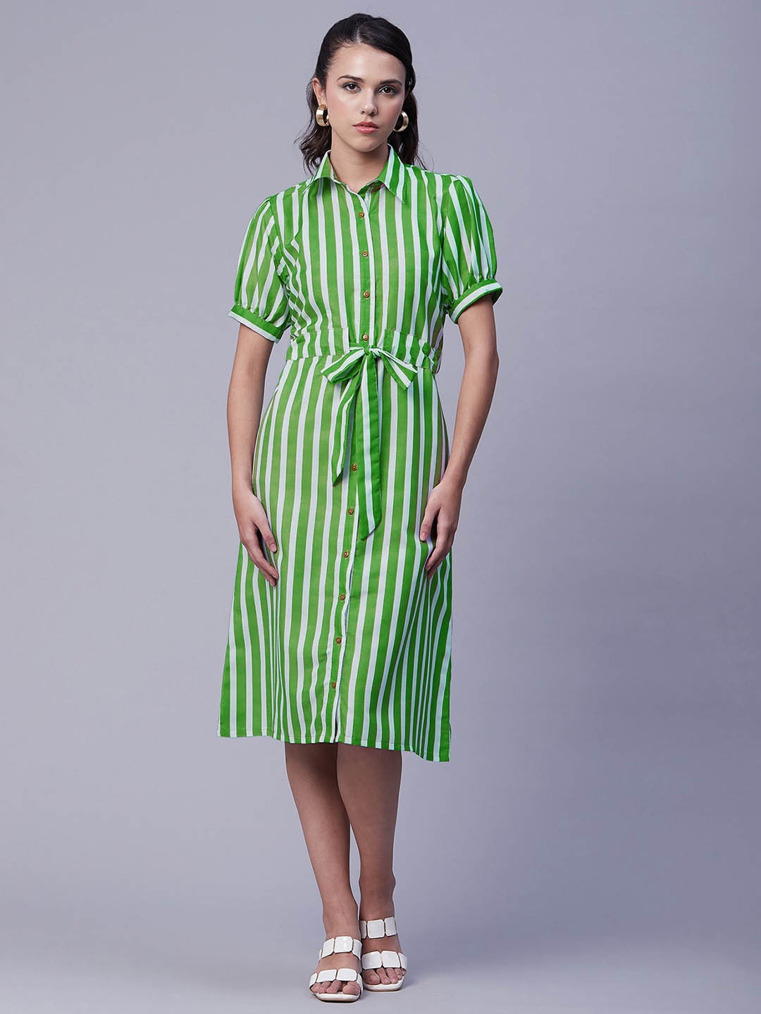 

Moomaya Striped Waist Tie Ups Shirt Style Midi Dress, White