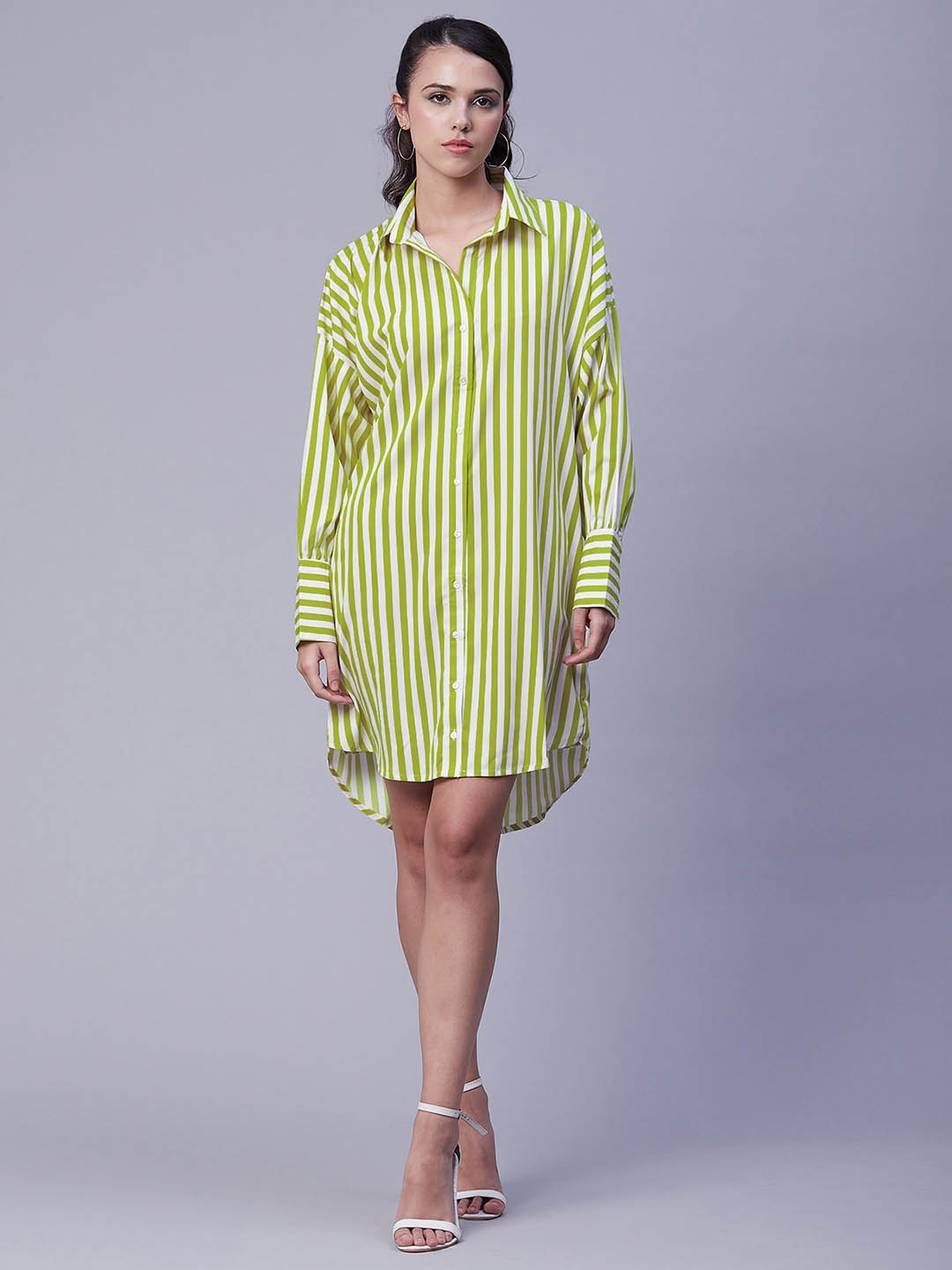 

Moomaya Striped Cuffed Sleeves Shirt Style Dress, Green