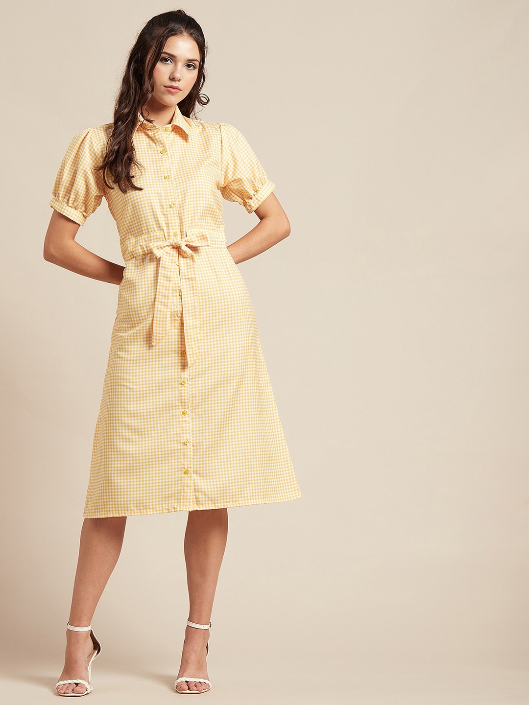 

Moomaya Checked Puff Sleeves Shirt Midi Dress, Yellow