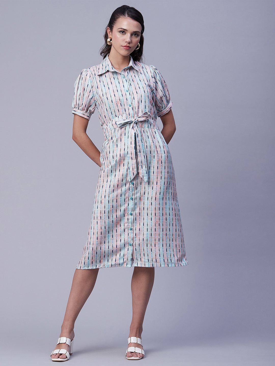 

Moomaya Geometric Printed Shirt Midi Dress, Blue
