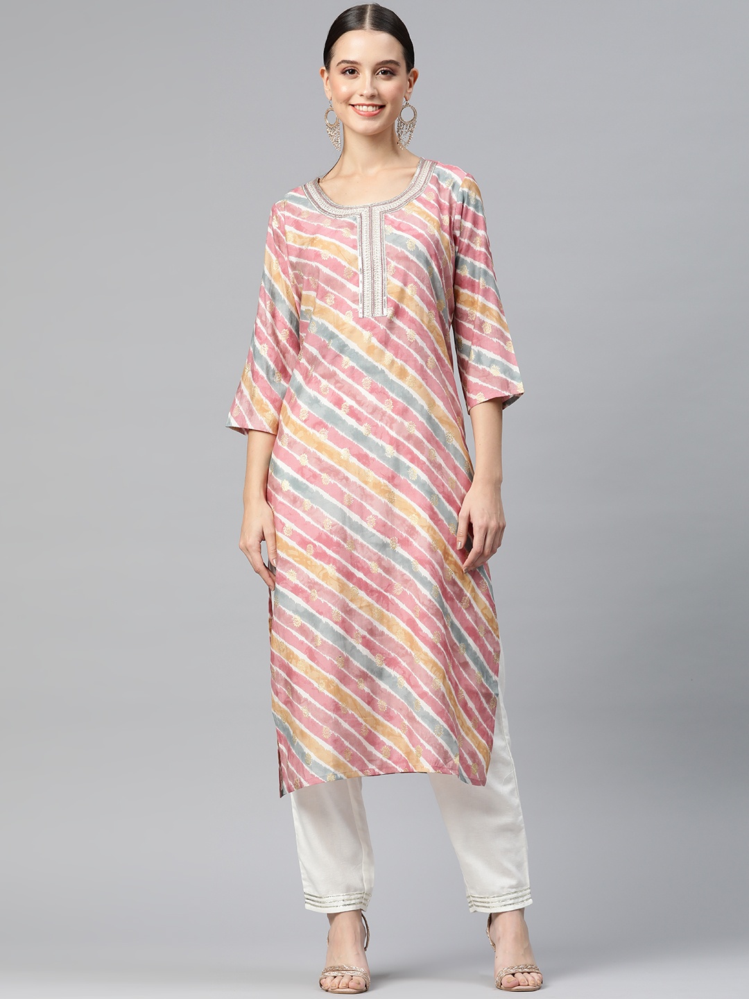 

Readiprint Fashions Women Leheriya Printed Thread Work Kurta, Pink