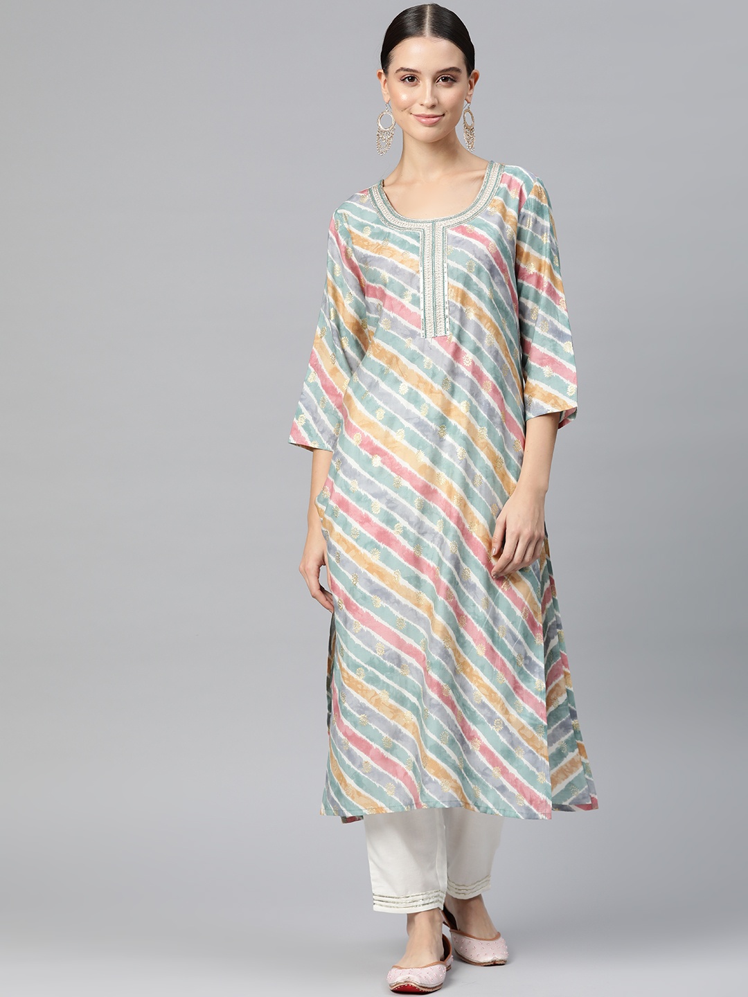 

Readiprint Women Leheriya Printed Thread Work Kurta, Sea green