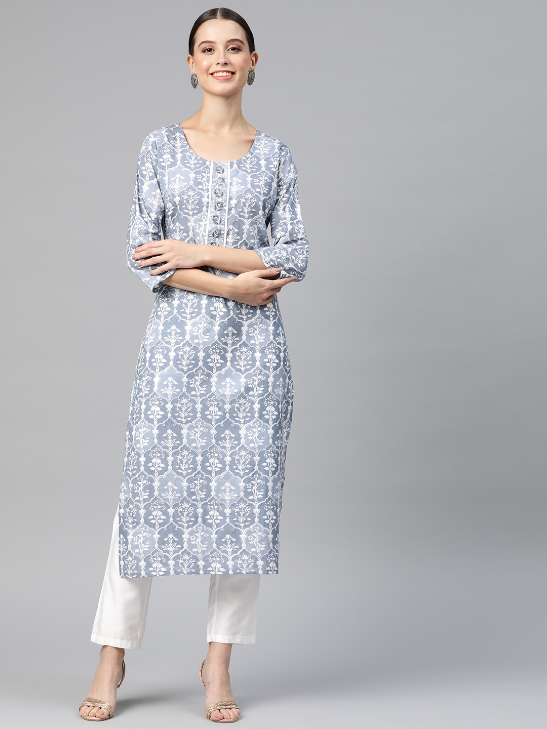 

Readiprint Women Floral Printed Thread Work Kurta, Grey