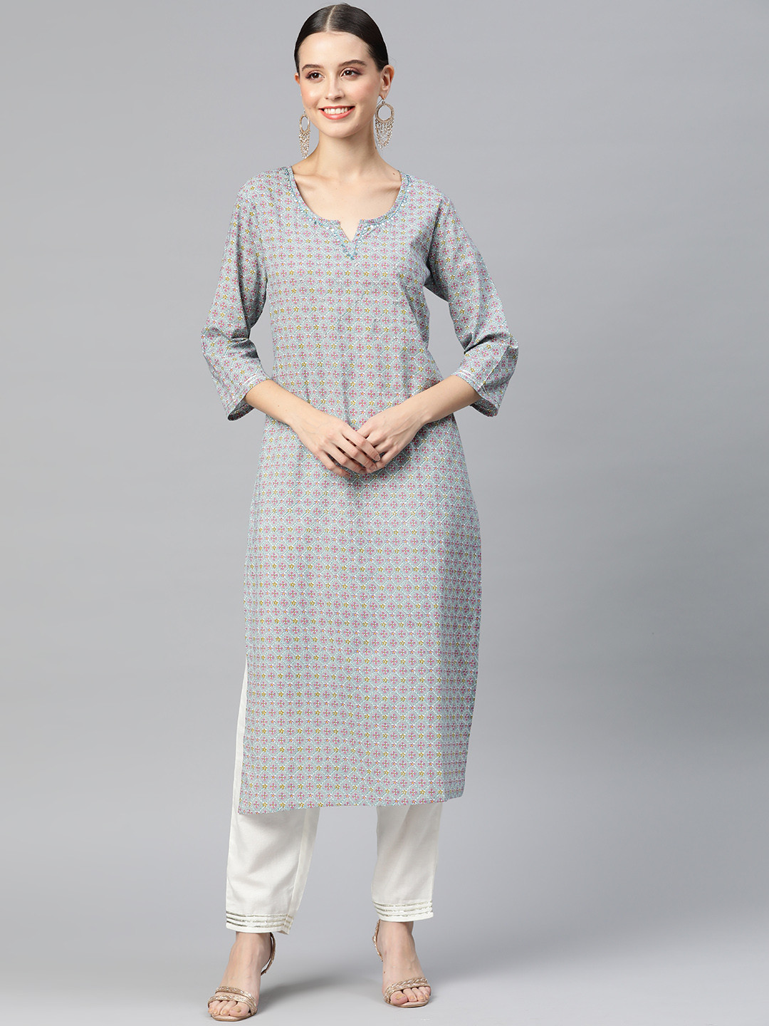 

Readiprint Fashions Women Floral Printed Mirror Work Kurta, Grey