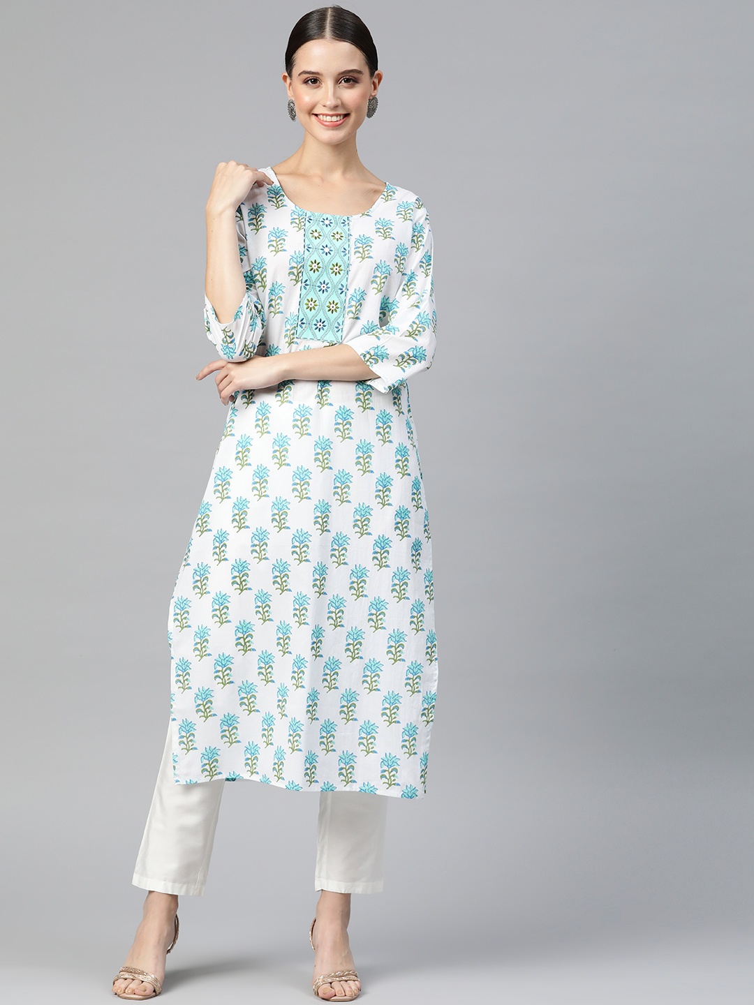 

Readiprint Fashions Women Floral Printed Thread Work Kurta, White