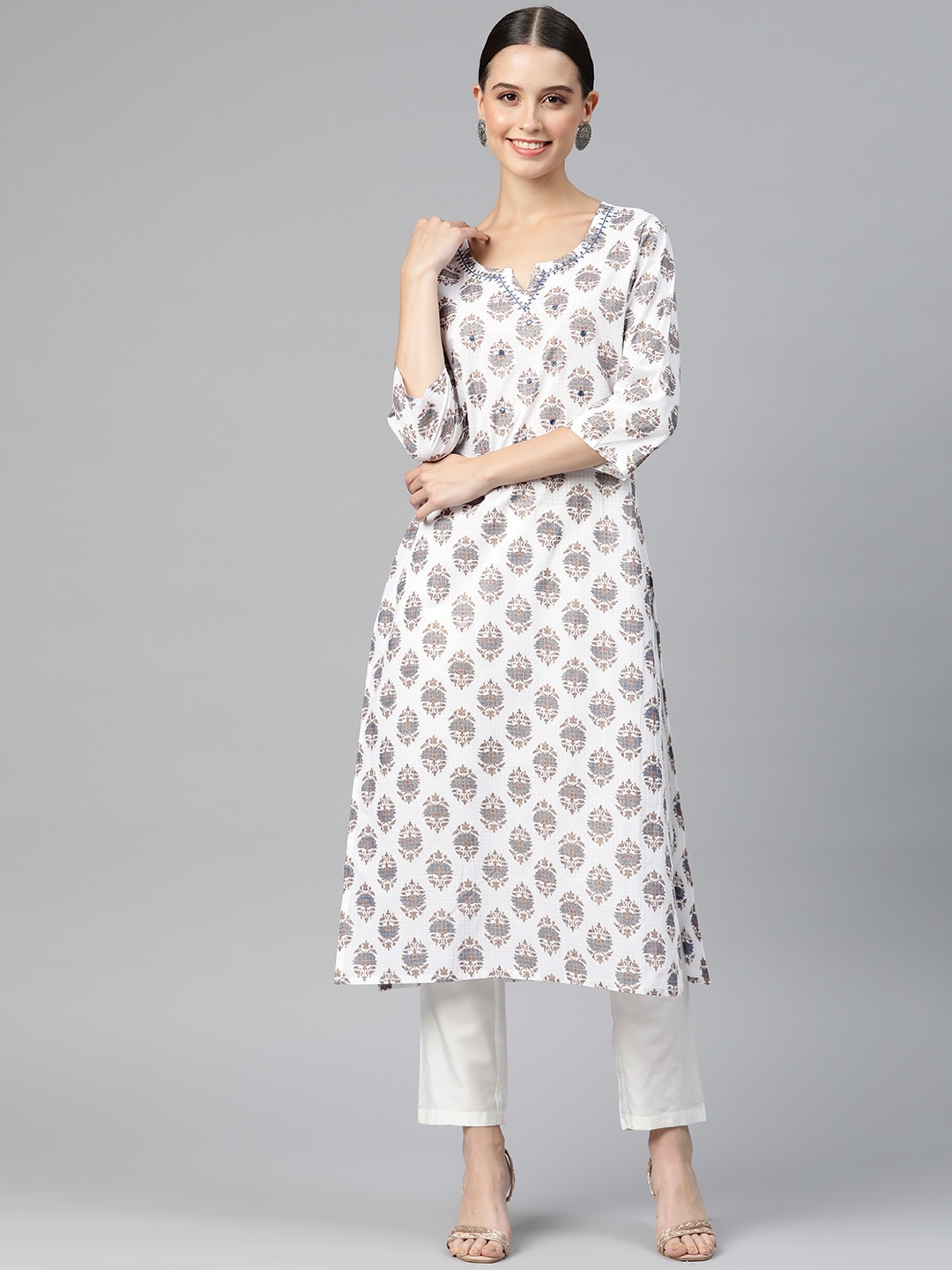 

Readiprint Fashions Women Ethnic Motifs Printed Mirror Work Kurta, White