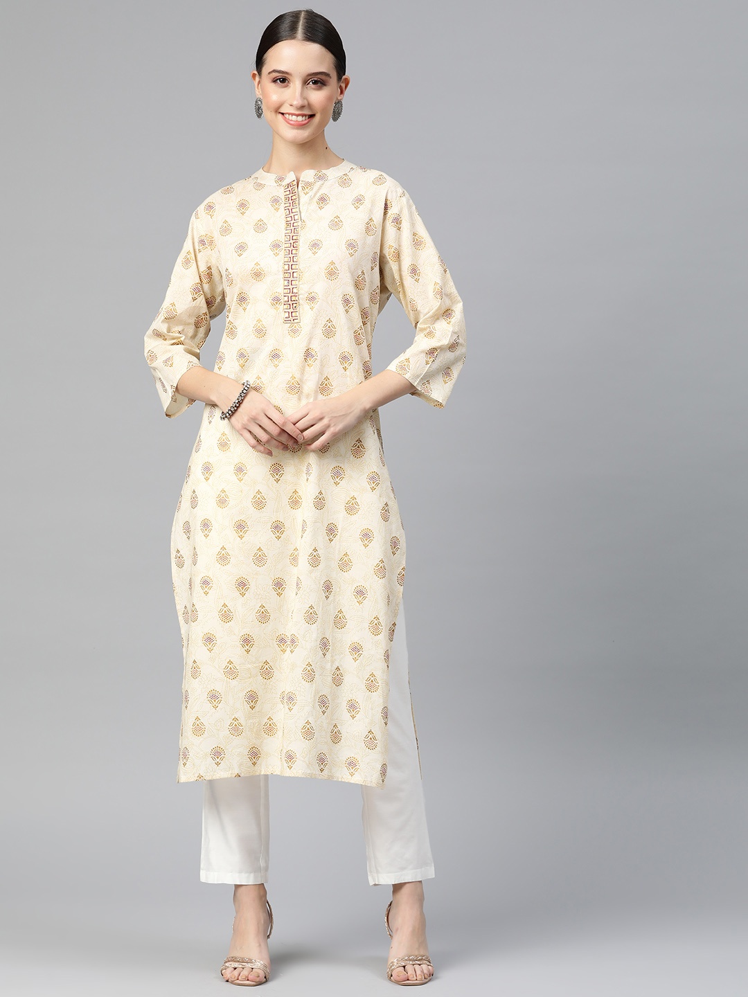 

Readiprint Women Ethnic Motifs Printed Thread Work Kurta, Beige