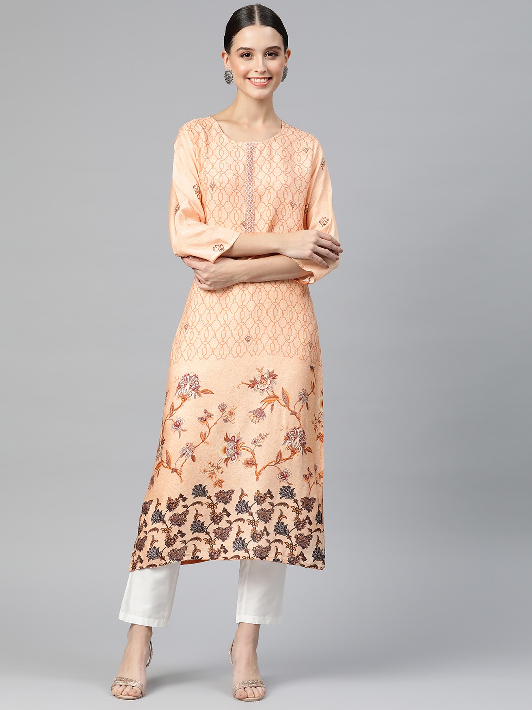 

Readiprint Women Floral Printed Sequinned Kurta, Peach