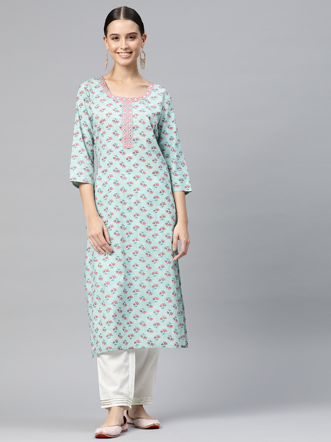 

Readiprint Fashions Women Floral Printed Mirror Work Kurta, Sea green