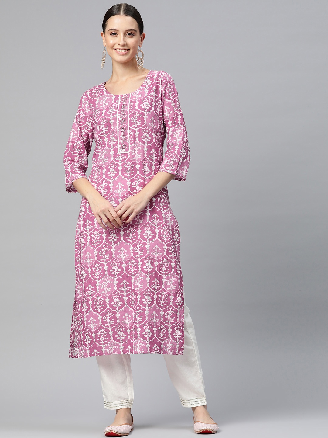 

Readiprint Fashions Women Floral Printed Thread Work Kurta, Pink