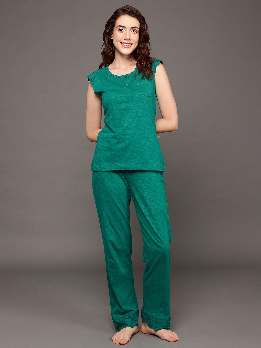 

Clovia Women Round Neck Night suit, Teal