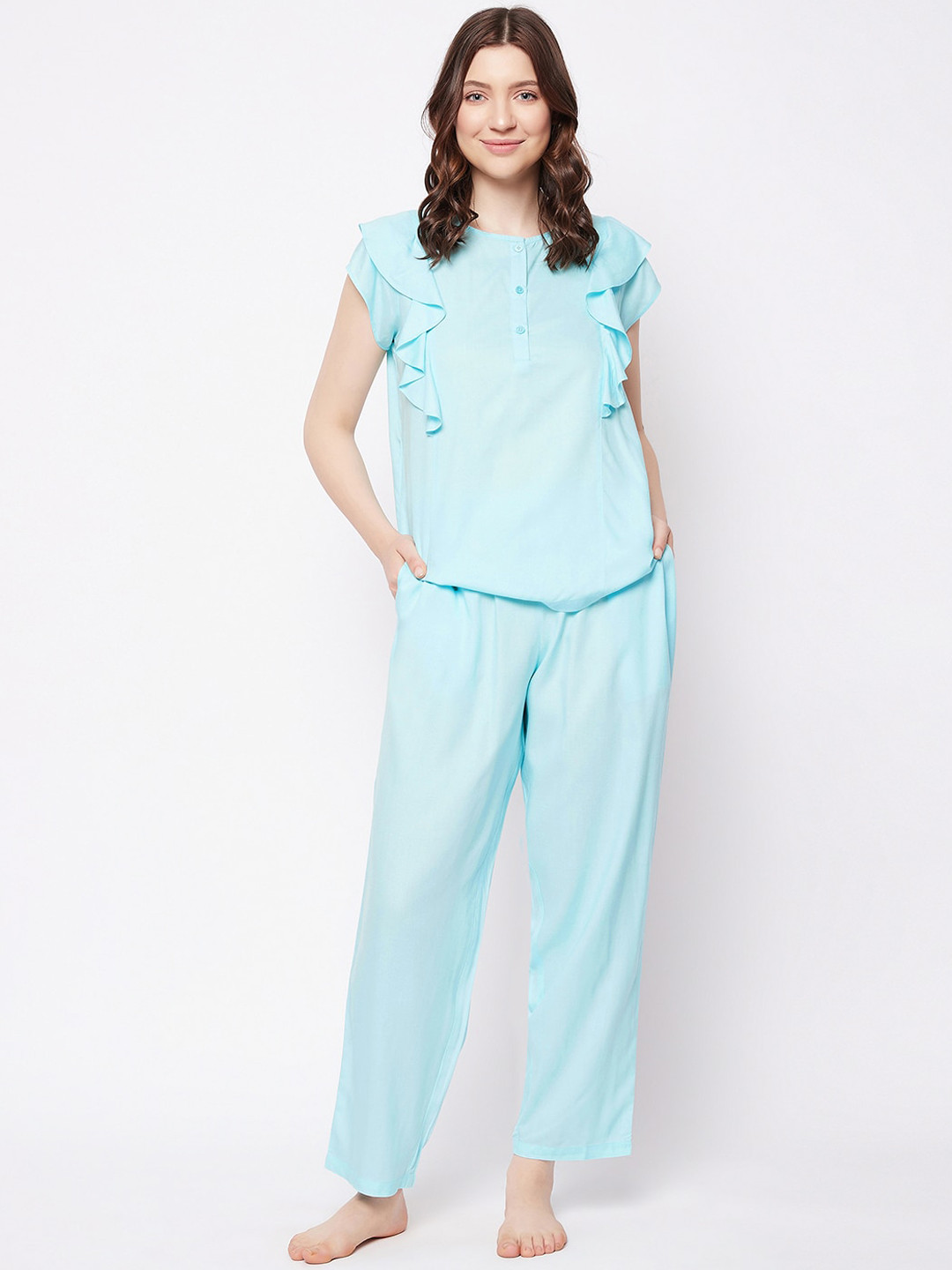 

Clovia Women Round Neck Flutter Sleeves Night suit, Blue