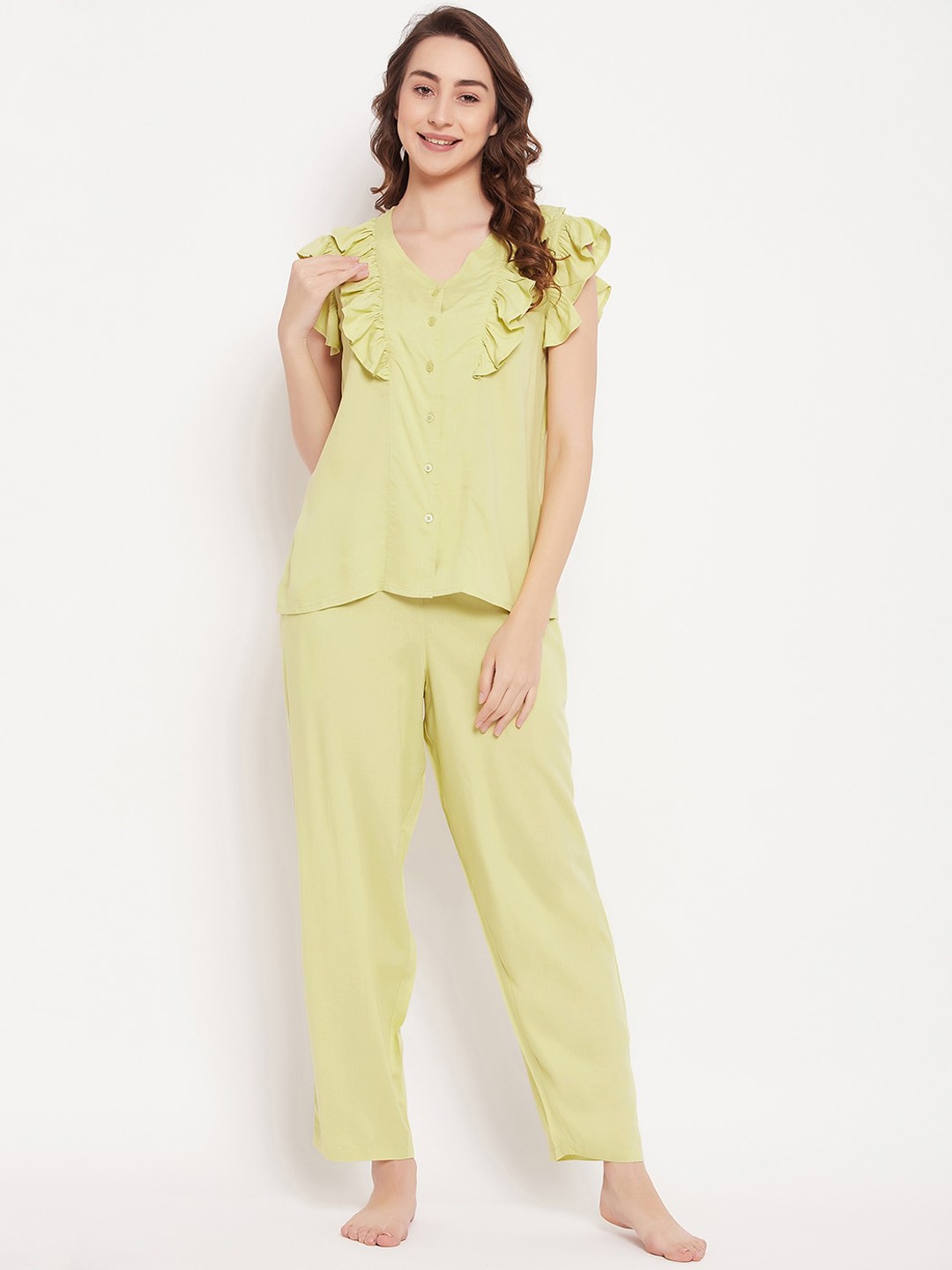 

Clovia Women V-Neck Flutter Sleeves Night suit, Green