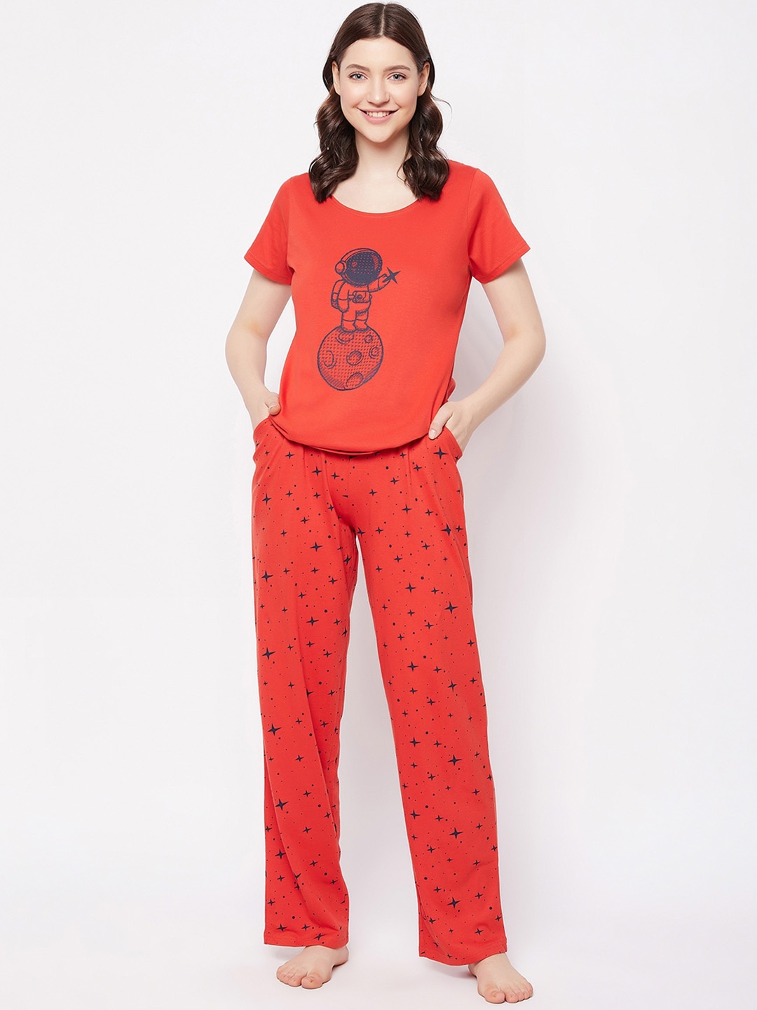 

Clovia Women Red & Black Printed Night suit