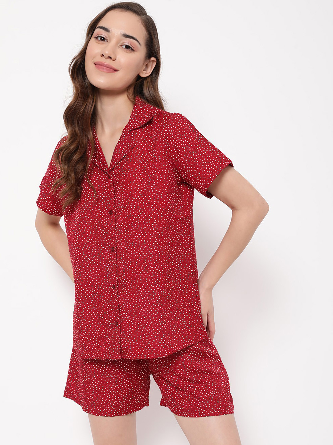 

Clovia Women Maroon & White Printed Night suit