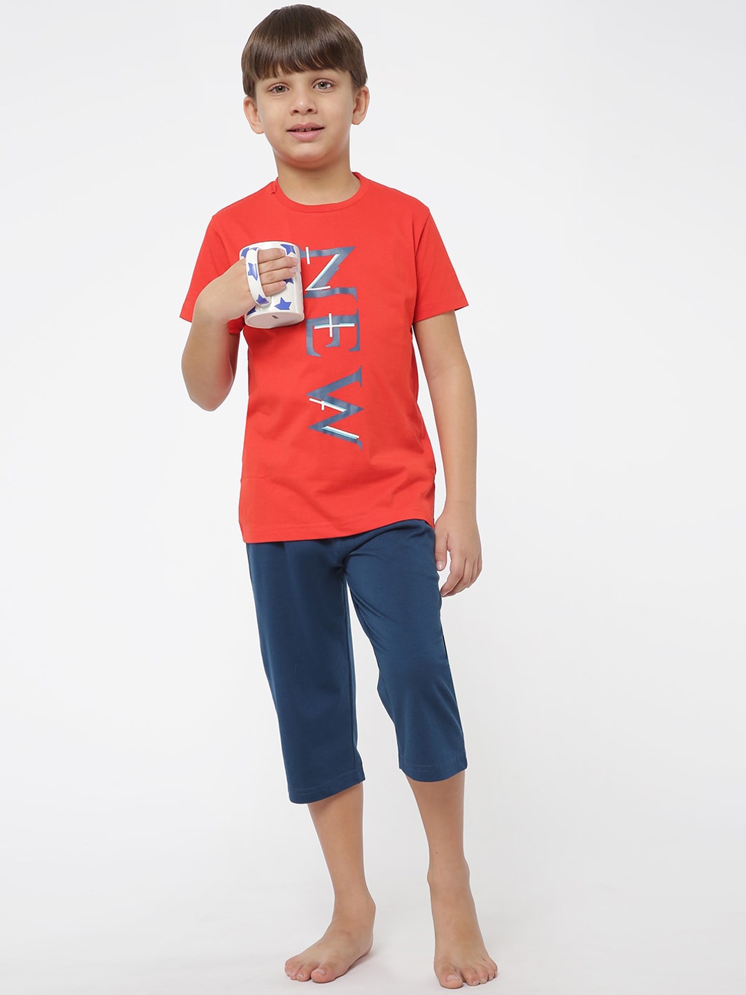 

Sweet Dreams Boys Printed Cotton T-Shirt And Capris Night Suit, Orange