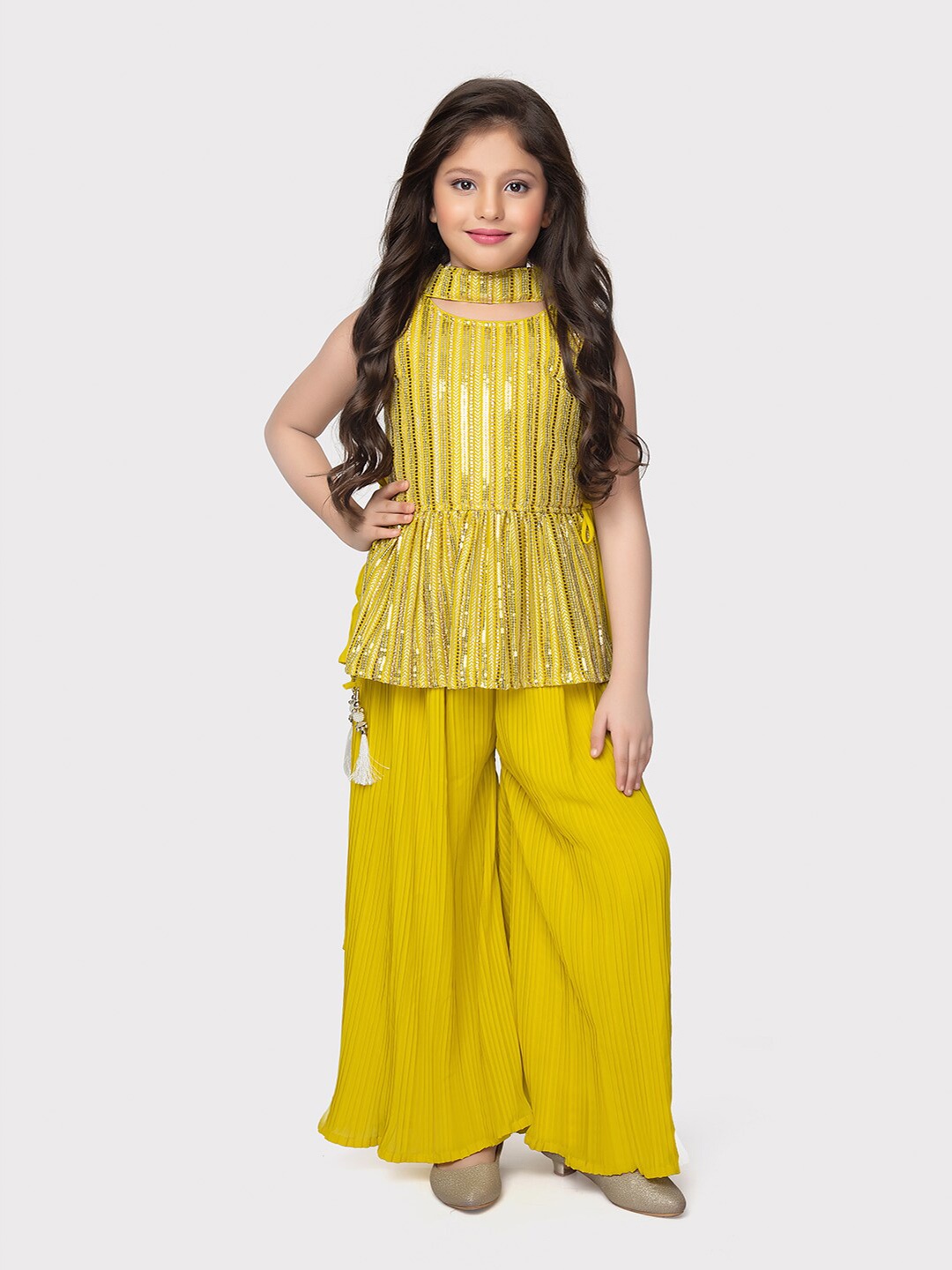 

Tiny Kingdom Girls Embellished Sequined Top with Palazzos & Dupatta, Yellow