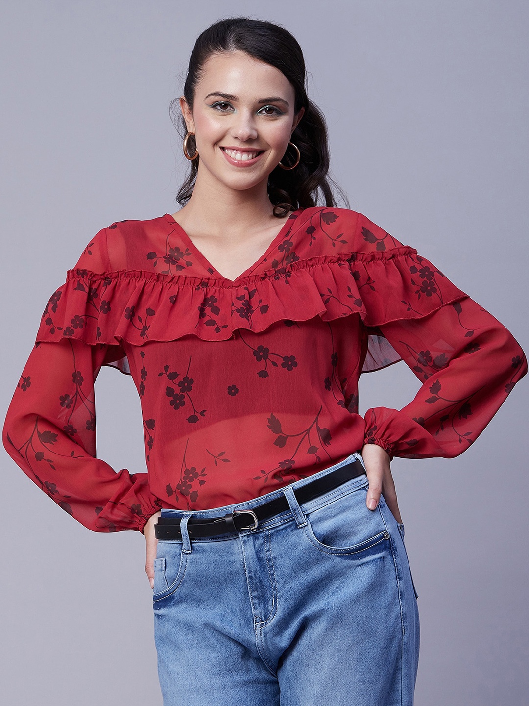 Moomaya Floral Print Georgette Top, Magenta