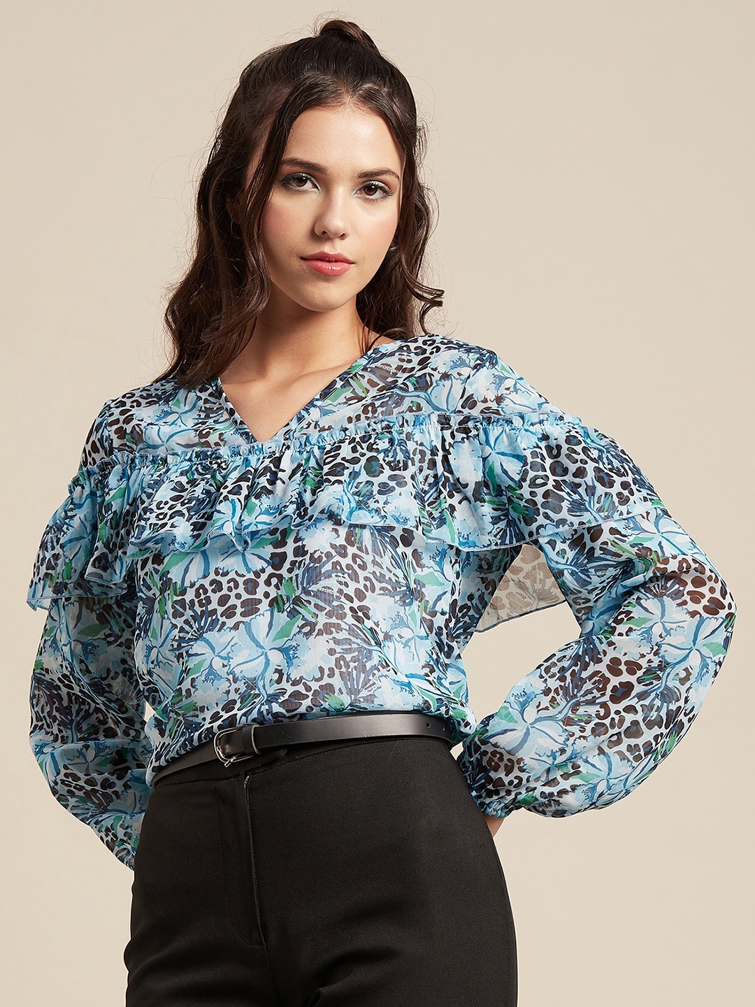 

Moomaya Floral Print Georgette Shirt Style Crop Top, Blue