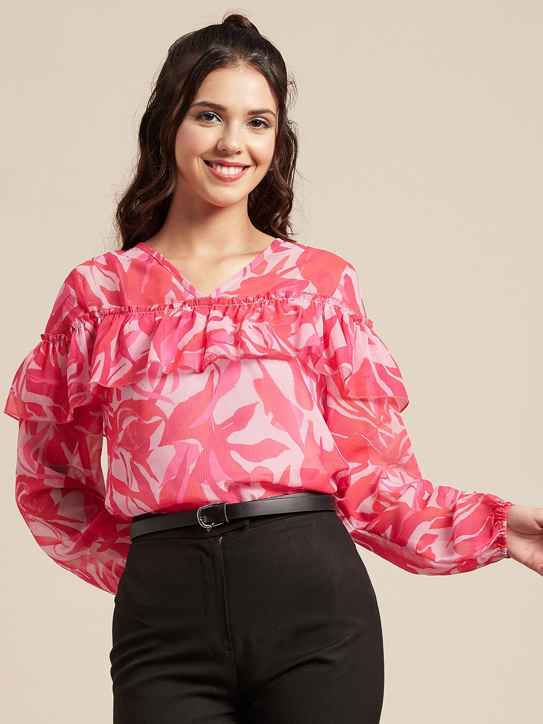 

Moomaya Floral Printed Georgette Top, Pink