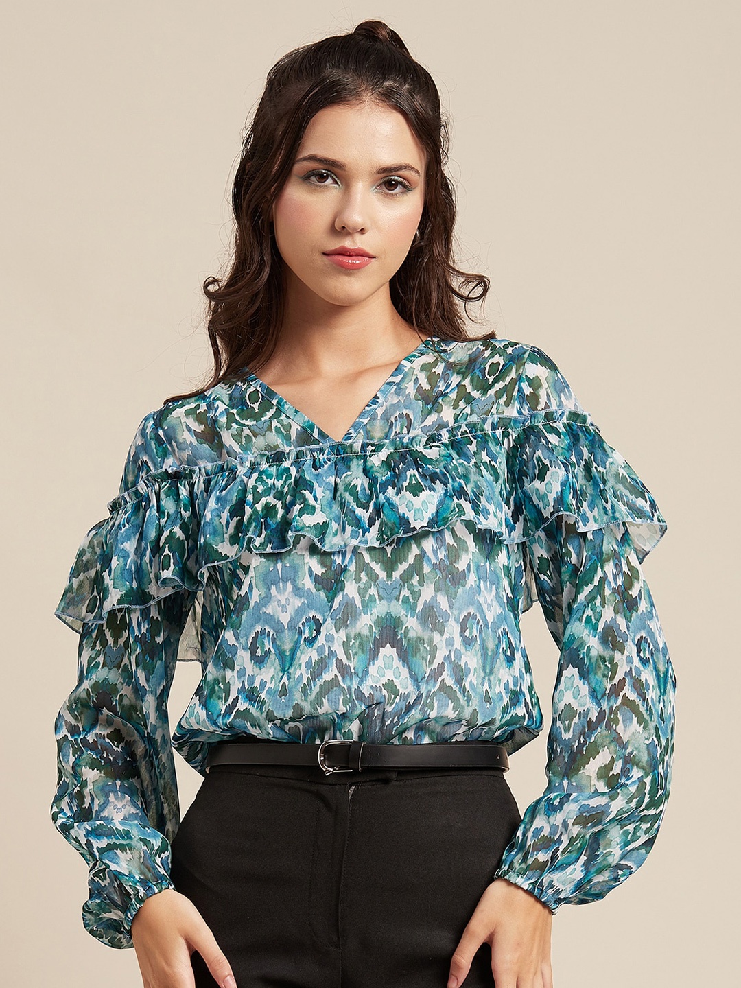 

Moomaya Abstract Printed Ruffles detail Georgette Blouson Top, Green