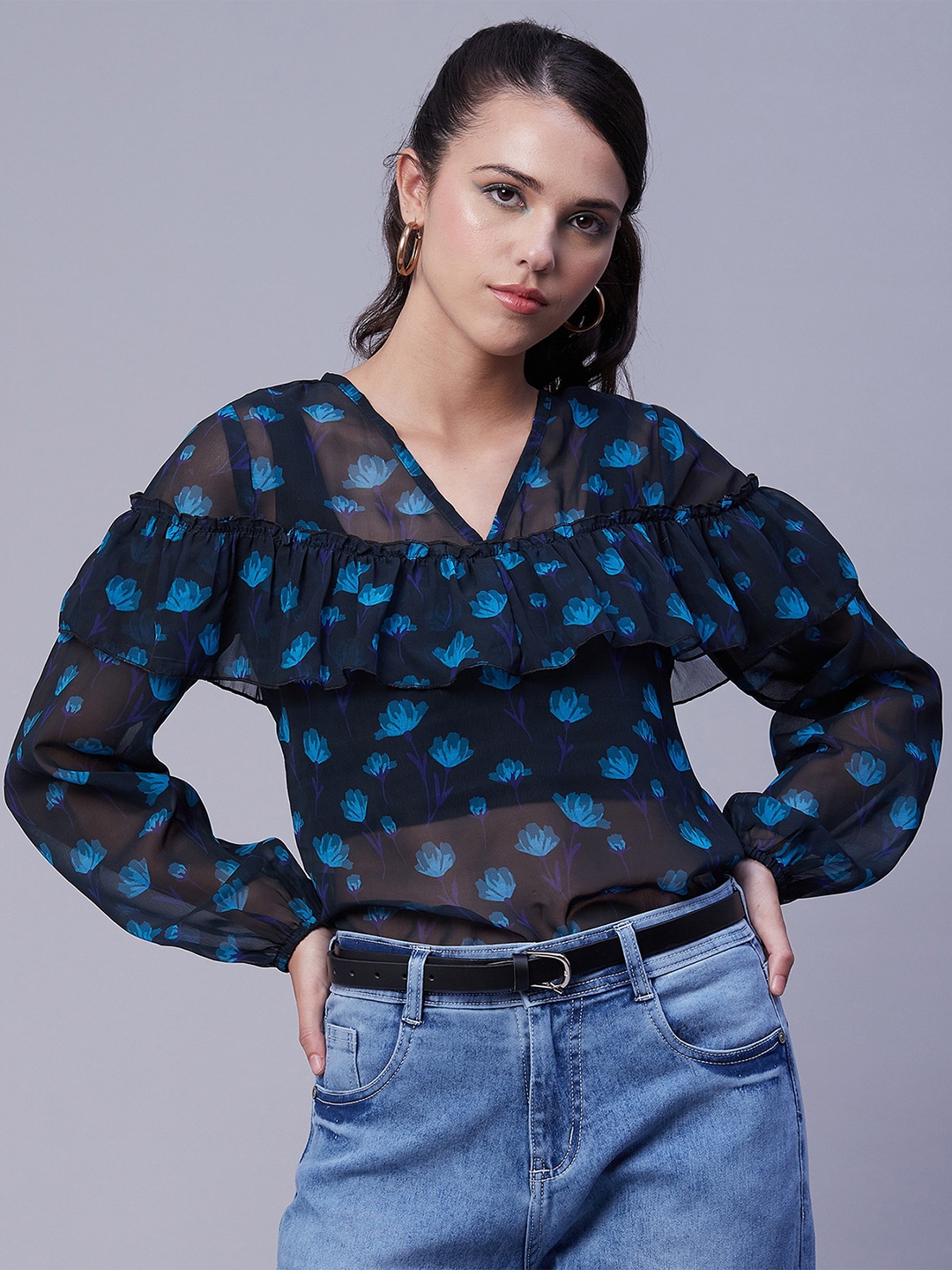 

Moomaya Floral Print Georgette Top, Teal