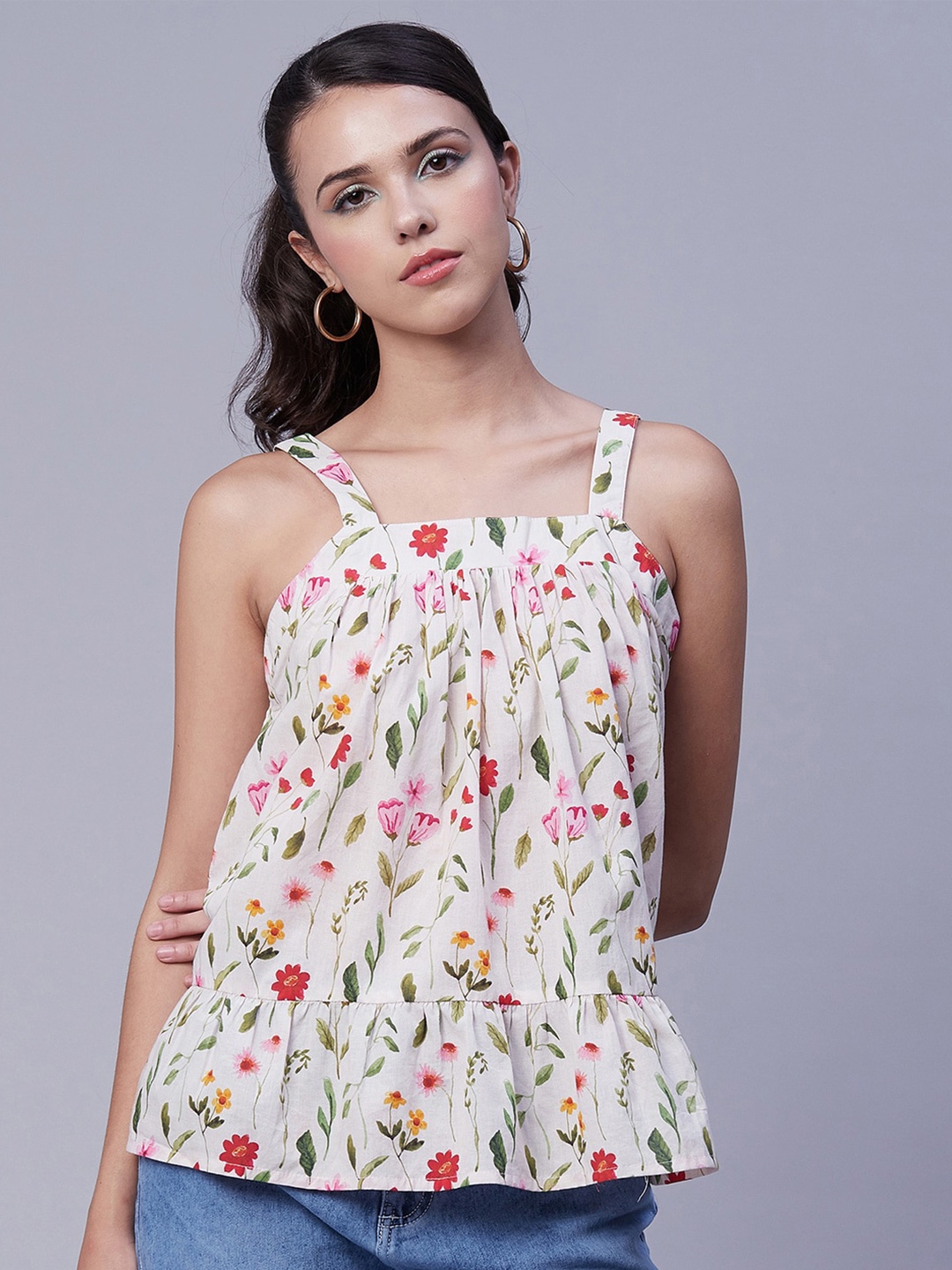 

Moomaya Floral Printed Sleeveless Cotton A-Line Top, Off white