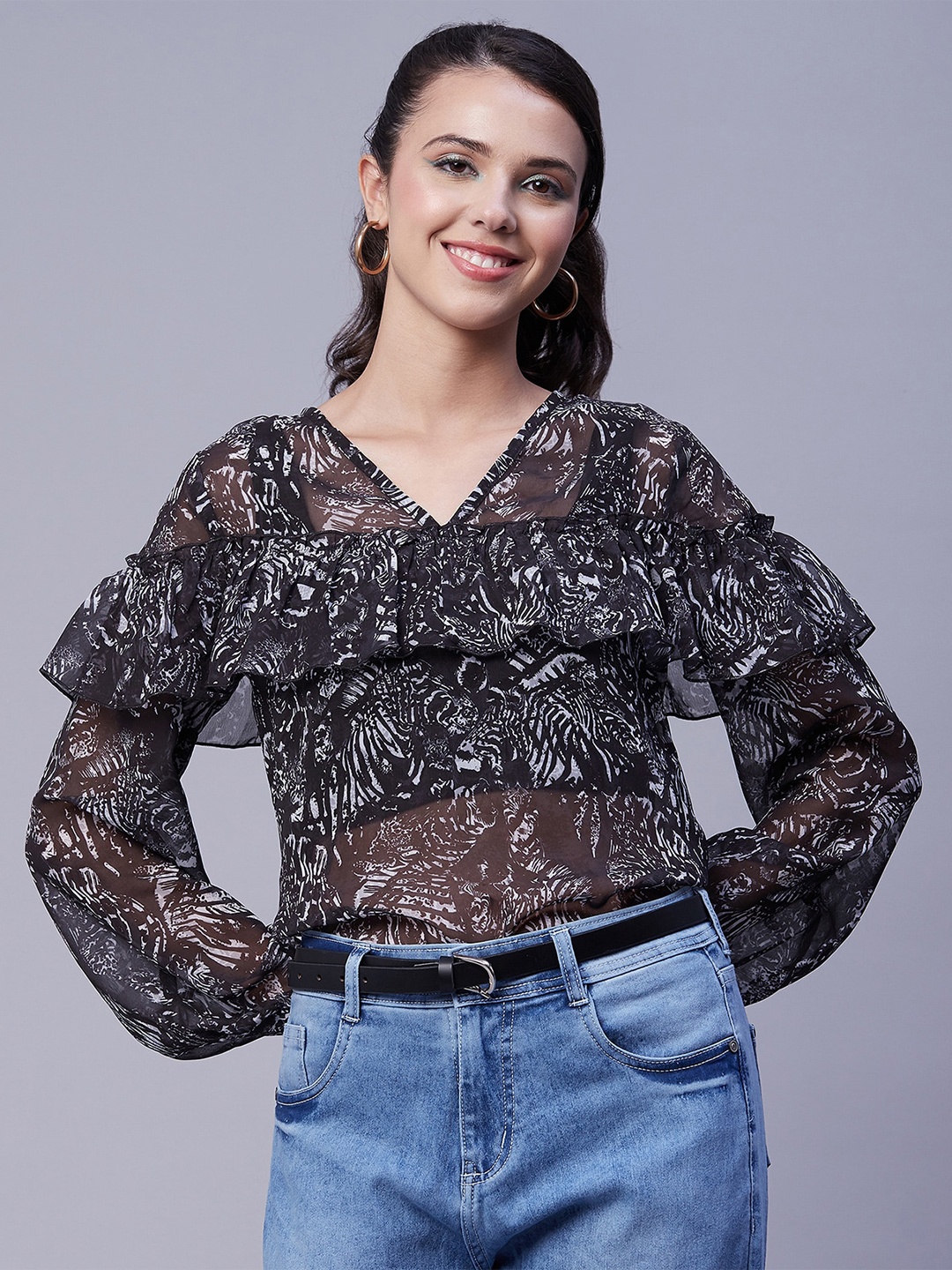 

Moomaya Abstract Printed V-Neck Puff Sleeves Ruffles Detail Top, Black