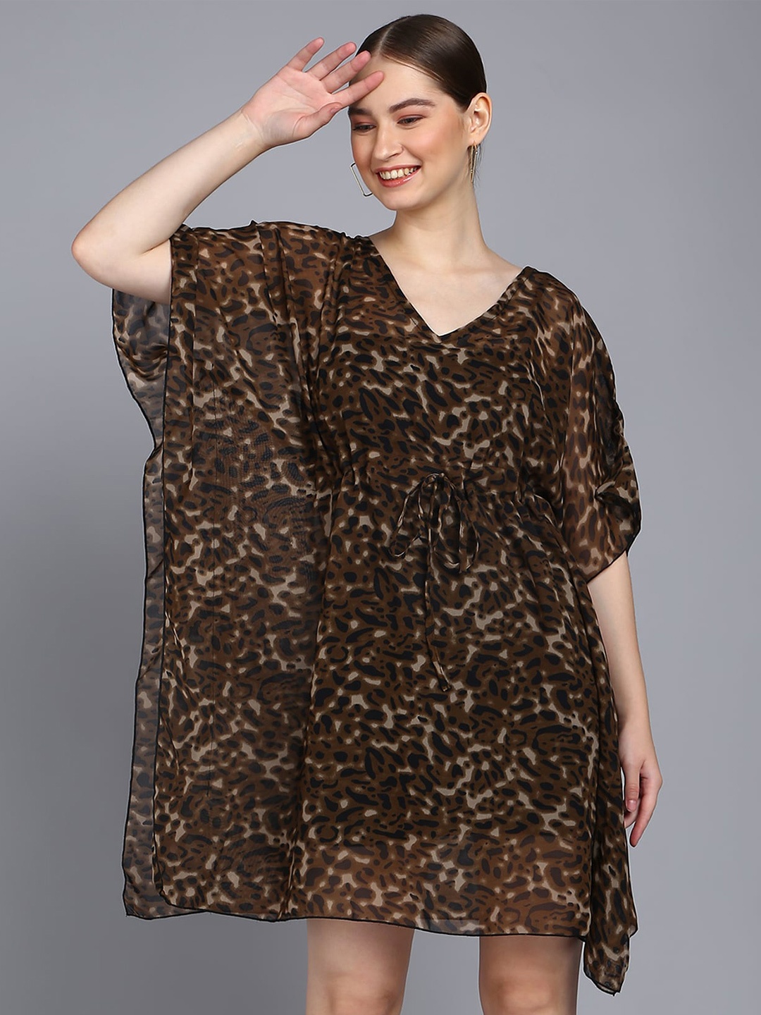 

Crazy SHE Animal Printed Longline KaftanTop, Brown