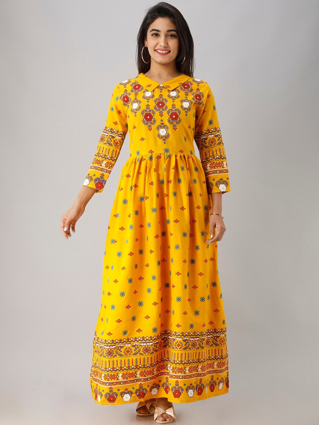 

KALINI Ethnic Motifs Printed Gathered A-Line Ethnic Dress, Yellow
