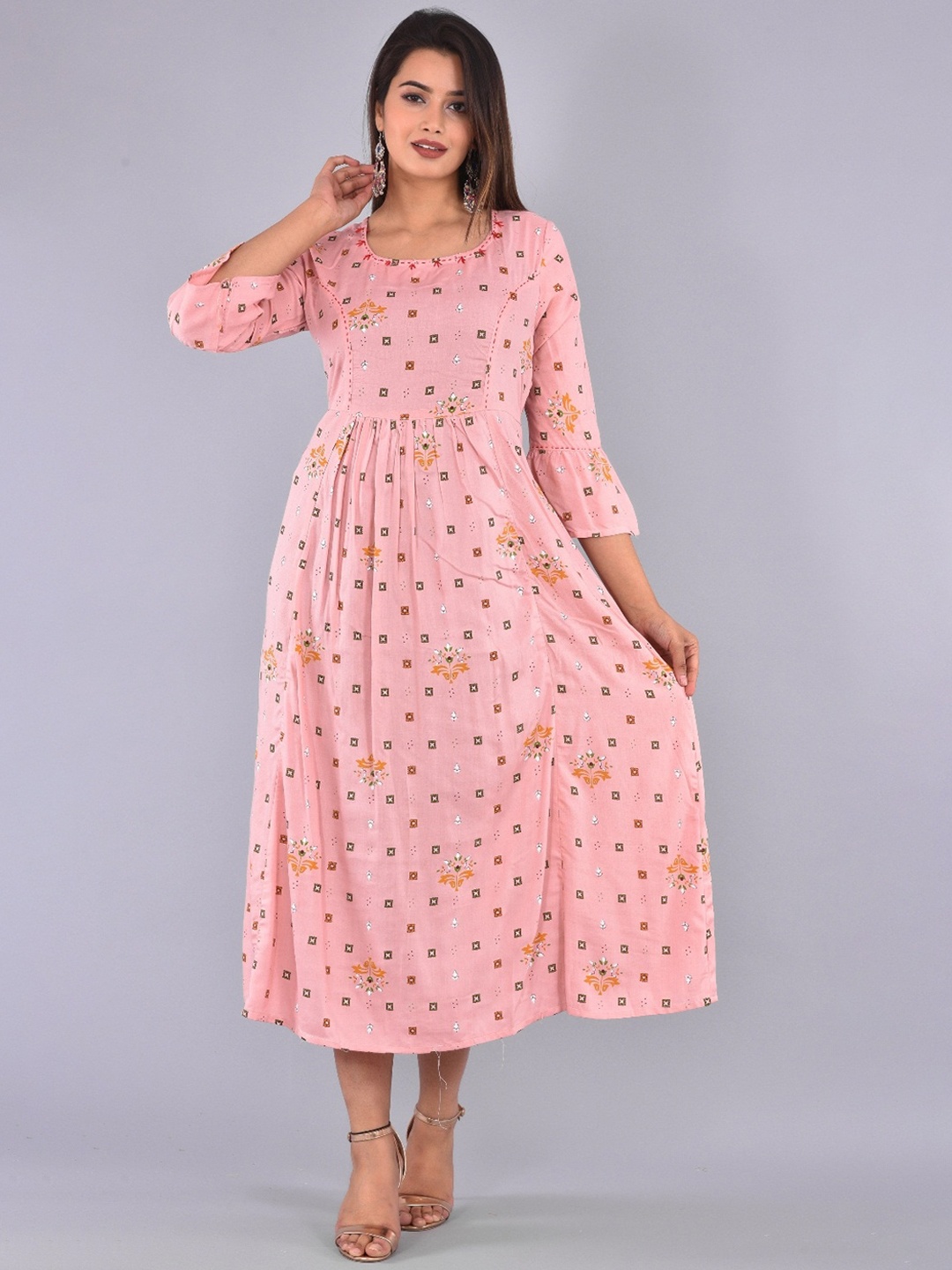 

KALINI Ethnic Motifs Printed Gathered A-Line Ethnic Midi Dress, Pink