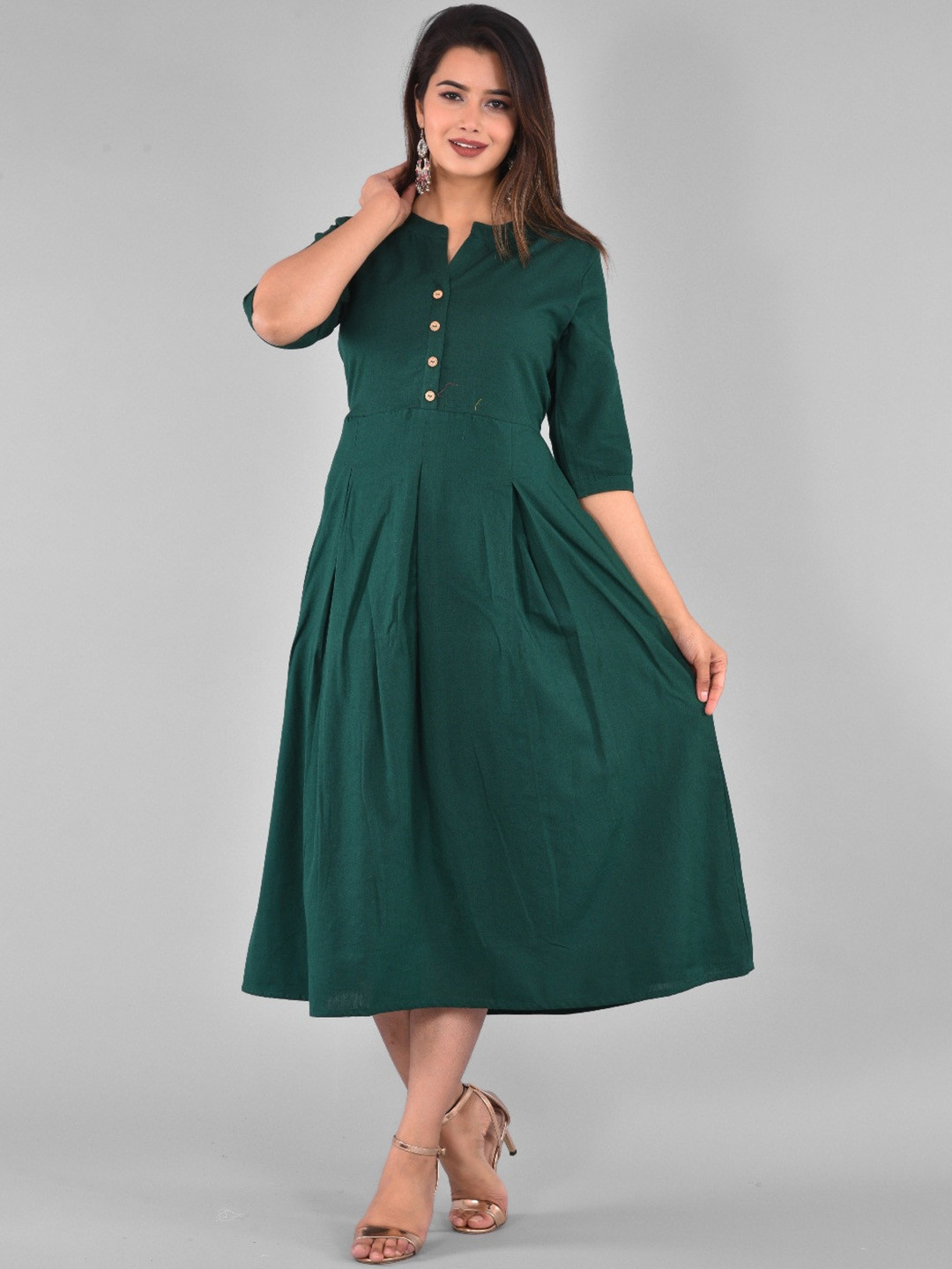 

KALINI Round Neck Pleated A-Line Dress, Green