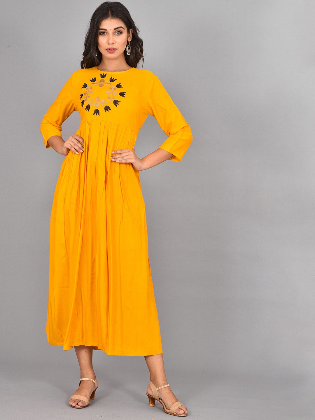 

KALINI Embroidered Detail A-Line Ethnic Midi Dress, Yellow