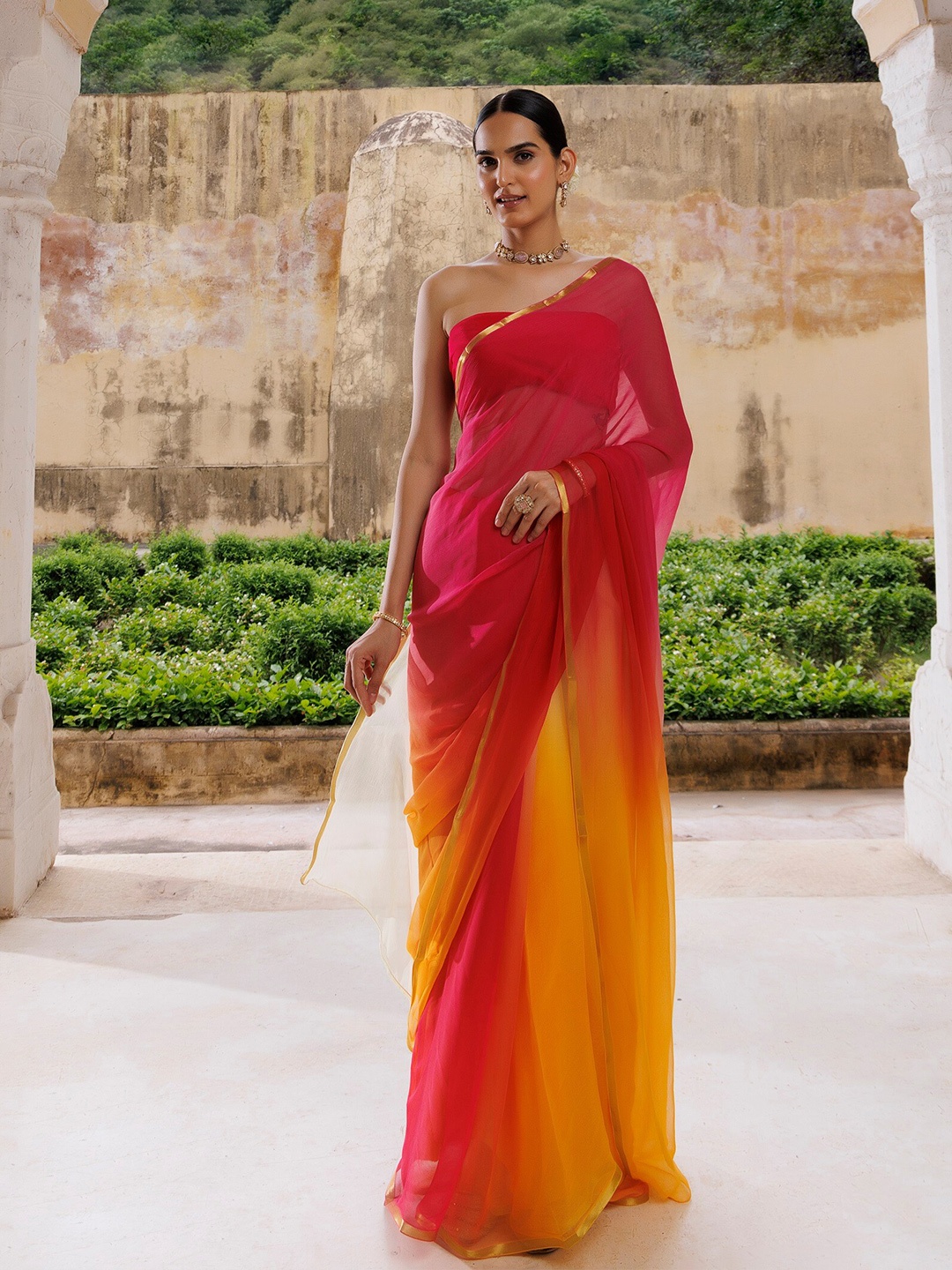 

Geroo Jaipur Ombre Dyed Zari Poly Chiffon Saree, Red